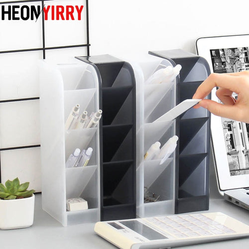 Multi-function 4 Grid Desktop Pen Holder Office School Storage Case Clear White Black Plastic Box Desk Pen Pencil Organizer